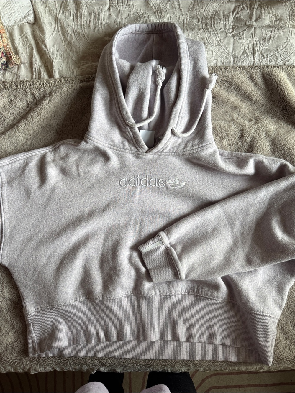 adidas Light Gray Pinkish Purple Cropped Trefoil Hoodie